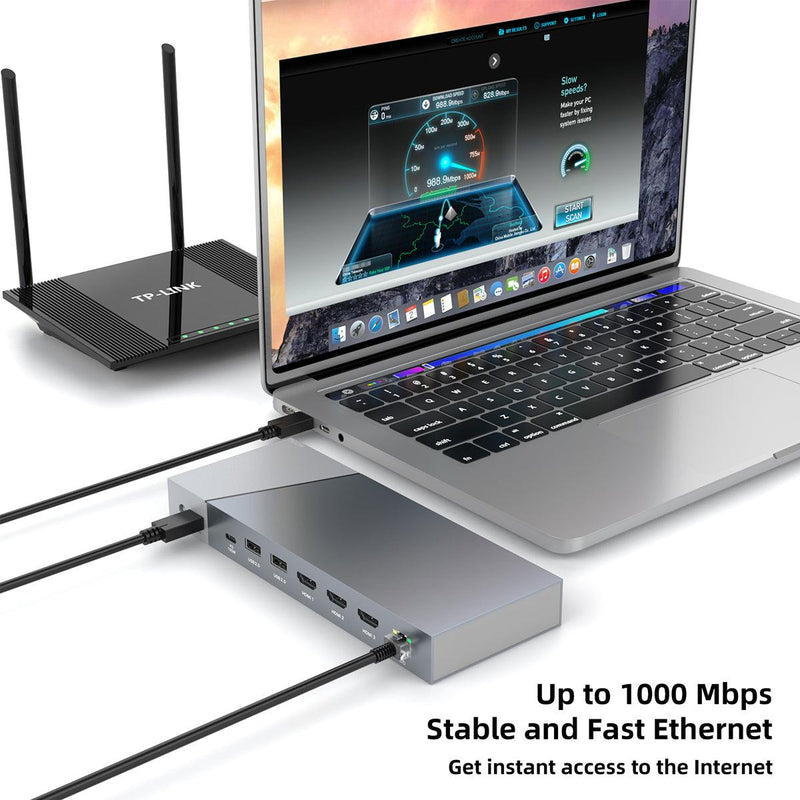 NÖRDIC DisplayLink USB-A & USB-C Dockingsstation 1 till 15 för trippla monitorer 1xHDMI 4K30Hz 2xHDMI 2K50hz för Mac M1 M2 Thunderbolt 3 & 4