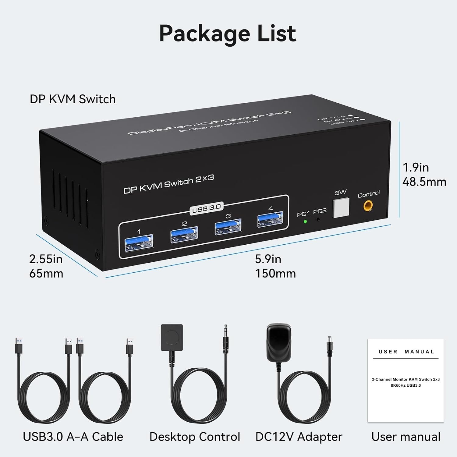 NÖRDIC DisplayPort 1.4 KVM-switch 2 datorer 3 skärmar 8K60Hz 4K144Hz tripplaskärmar 4 USB 3.0 för 2 PC att dela 3 skärmar
