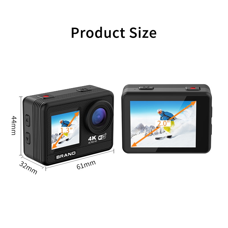 NÖRDIC Dual Screen Action Camera 4K30Hz WiFi 30m Waterproof 20MP 2.0" Display
