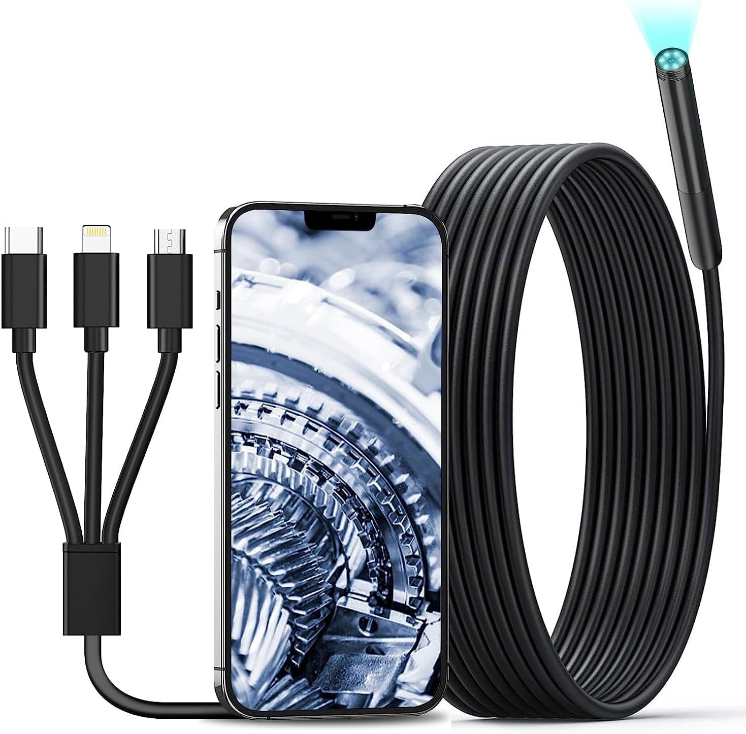 NÖRDIC Endoskopkamera för mobiltelefon med ljus, 1080P HD, 8 LED-lampor, vattentät IP67, inget WiFi krävs, Android och iOS