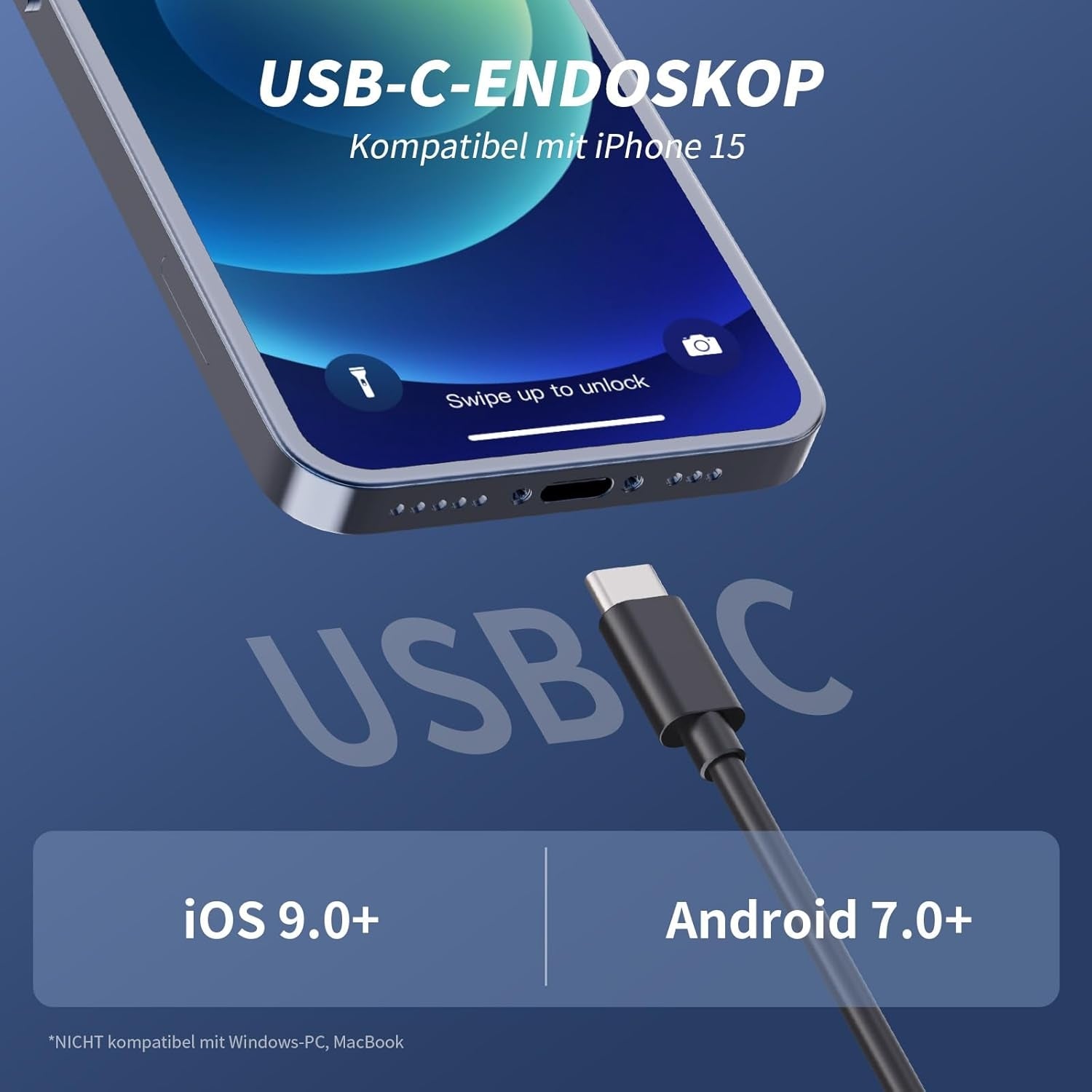 NÖRDIC Endoskopkamera för mobiltelefon med ljus, 1080P HD, 8 LED-lampor, vattentät IP67, inget WiFi krävs, Android och iOS