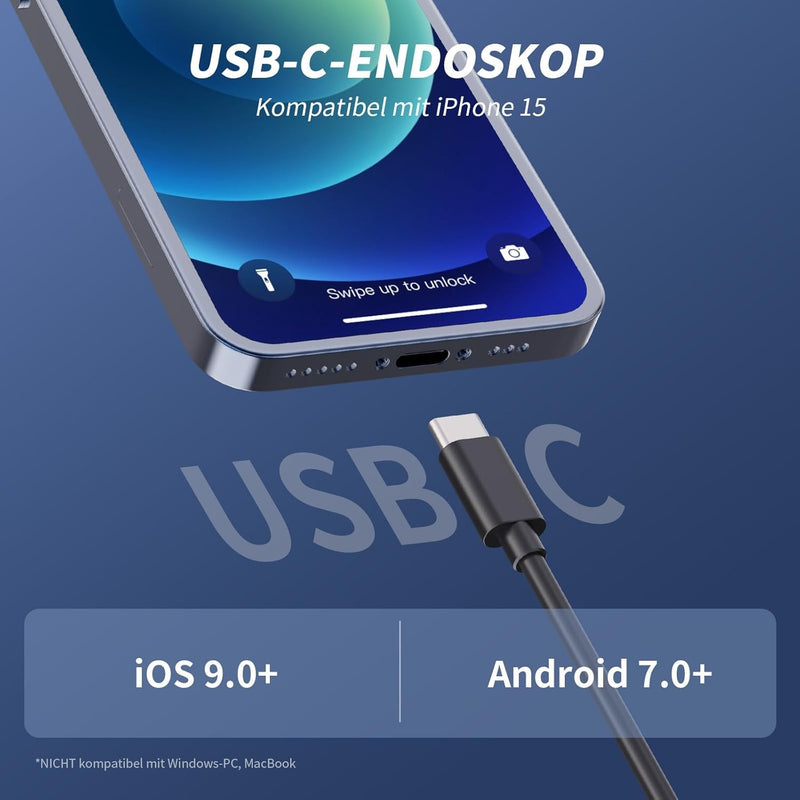 NÖRDIC Endoskopkamera för mobiltelefon med ljus, 1080P HD, 8 LED-lampor, vattentät IP67, inget WiFi krävs, Android och iOS