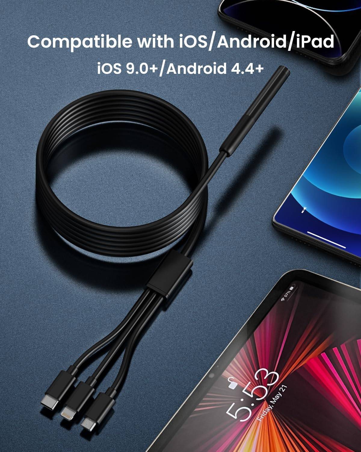 NÖRDIC Endoskopkamera för mobiltelefon med ljus, 1080P HD, 8 LED-lampor, vattentät IP67, inget WiFi krävs, Android och iOS