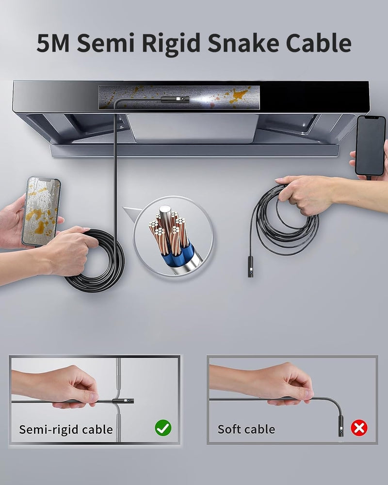NÖRDIC Endoskopkamera med dubbla lenser för mobiltelefon med ljus, 1080P HD, 8 LED-lampor, vattentät IP67, inget WiFi krävs, Android och iOS