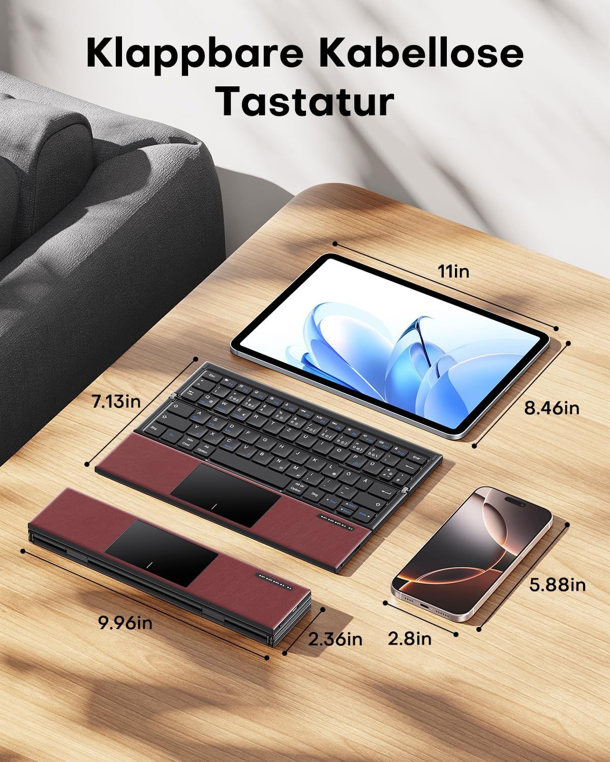 NÖRDIC vikbart Bluetooth-tangentbord med touchpad för iOS, Android, Windows, laptop, PC, surfplatta och smartphone, US-layout