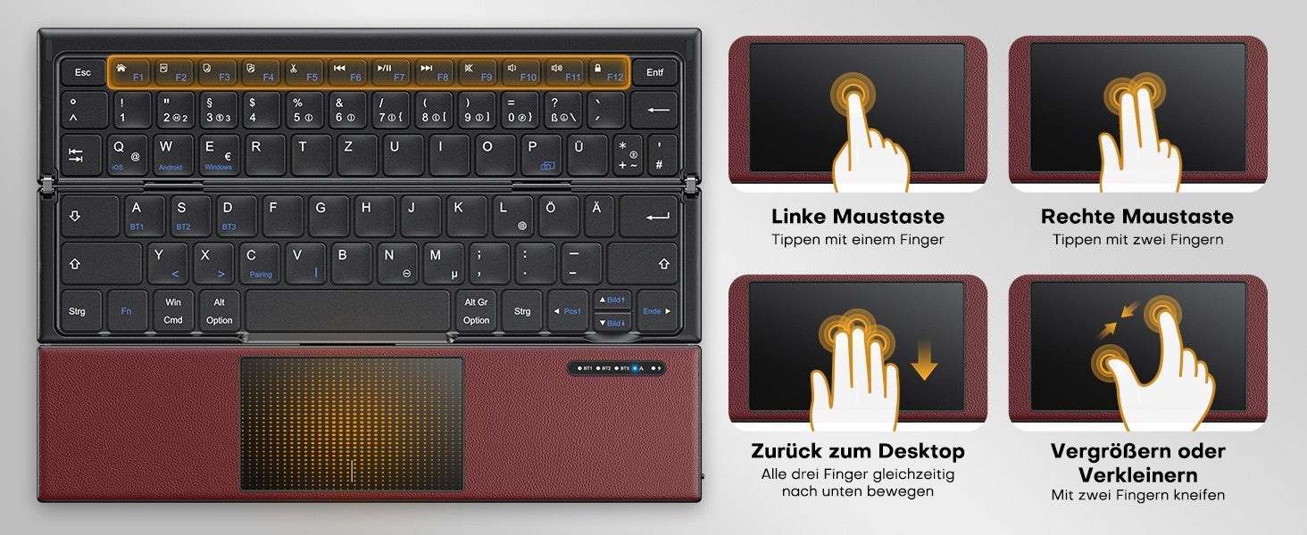 NÖRDIC vikbart Bluetooth-tangentbord med touchpad för iOS, Android, Windows, laptop, PC, surfplatta och smartphone, US-layout
