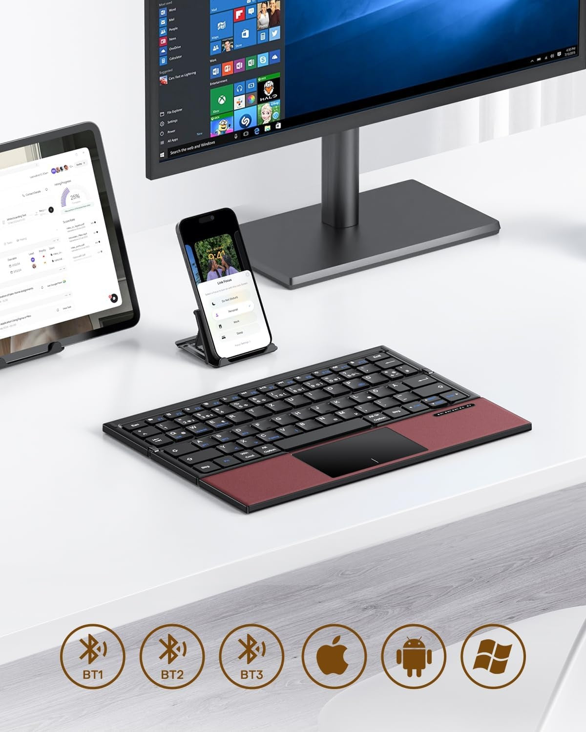 NÖRDIC vikbart Bluetooth-tangentbord med touchpad för iOS, Android, Windows, laptop, PC, surfplatta och smartphone, US-layout