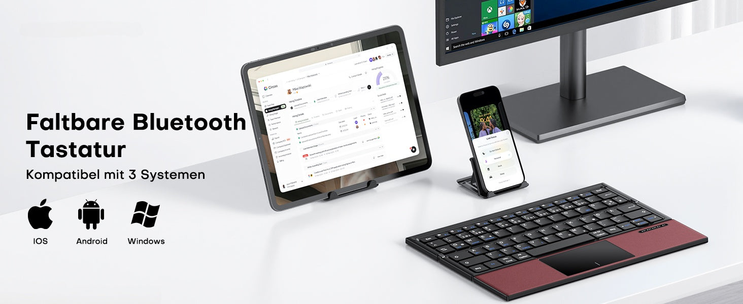 NÖRDIC vikbart Bluetooth-tangentbord med touchpad för iOS, Android, Windows, laptop, PC, surfplatta och smartphone, US-layout