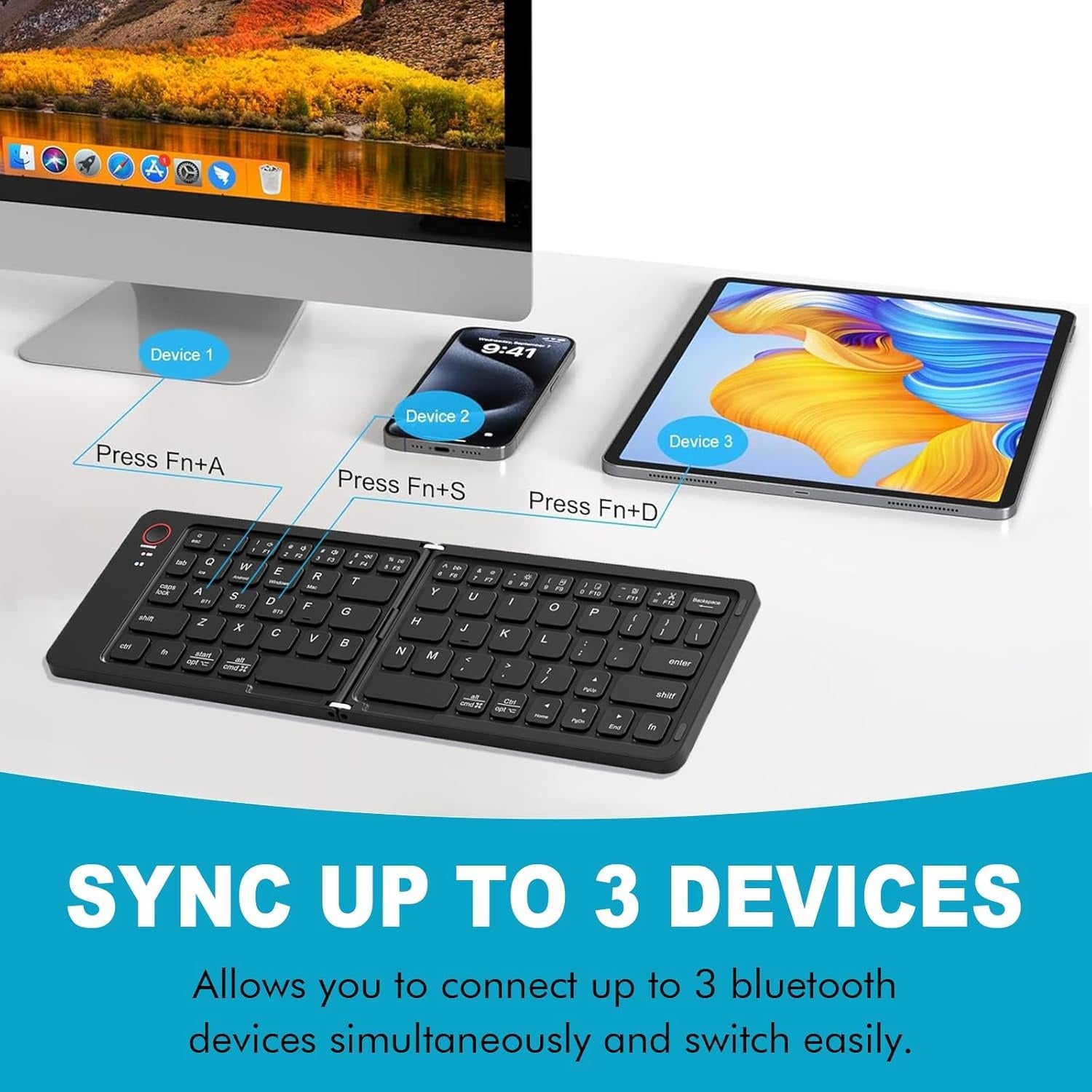 NÖRDIC Vikbart Slim Bluetooth-tangentbord i fickformat, kompatibelt med iOS, Android och Windows, för smartphone, surfplatta, iPad, iPhone och laptop, US-layout