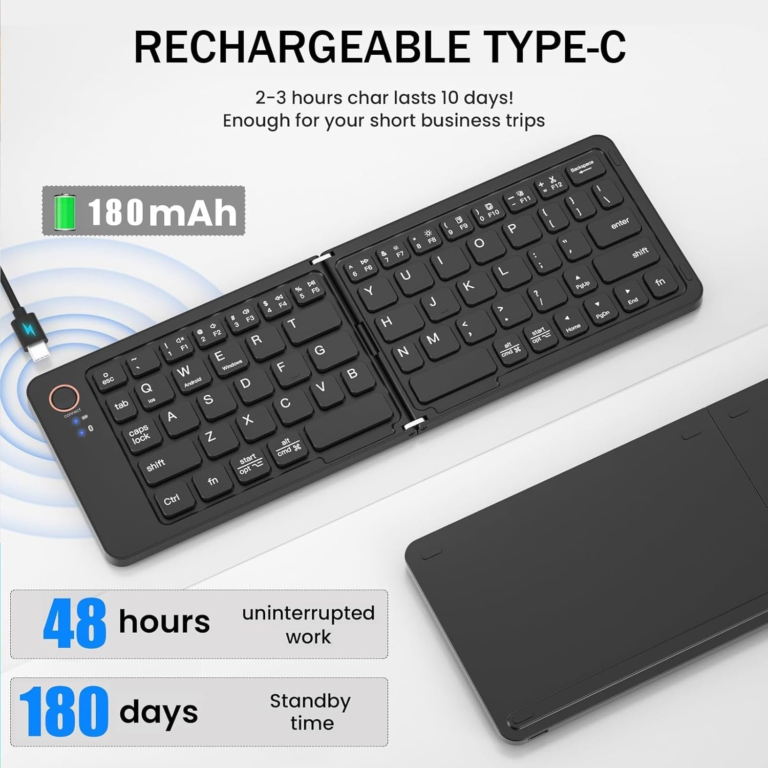 NÖRDIC Vikbart Slim Bluetooth-tangentbord i fickformat, kompatibelt med iOS, Android och Windows, för smartphone, surfplatta, iPad, iPhone och laptop, US-layout