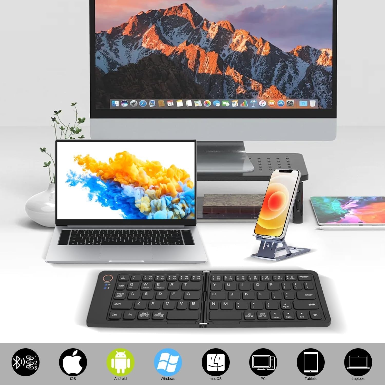 NÖRDIC Vikbart Slim Bluetooth-tangentbord i fickformat, kompatibelt med iOS, Android och Windows, för smartphone, surfplatta, iPad, iPhone och laptop, US-layout