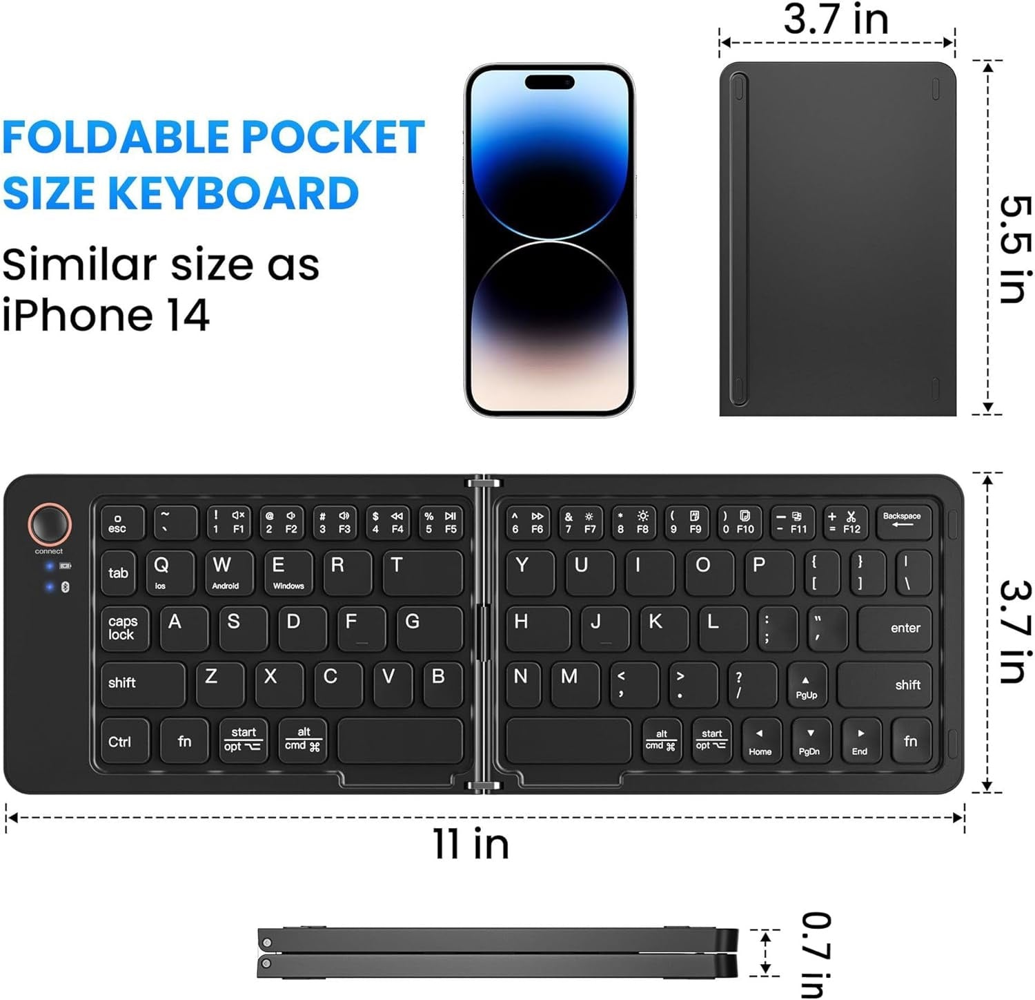 NÖRDIC Vikbart Slim Bluetooth-tangentbord i fickformat, kompatibelt med iOS, Android och Windows, för smartphone, surfplatta, iPad, iPhone och laptop, US-layout