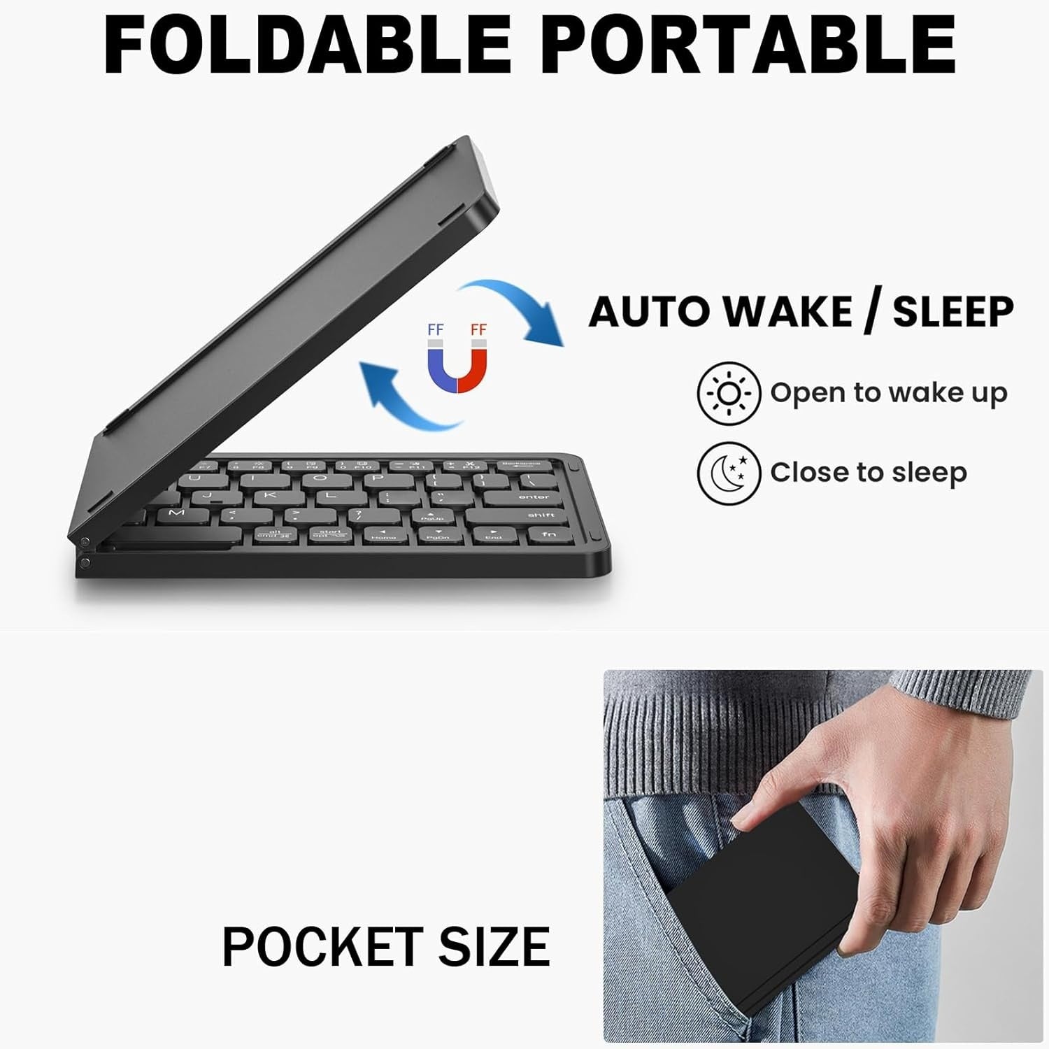 NÖRDIC Vikbart Slim Bluetooth-tangentbord i fickformat, kompatibelt med iOS, Android och Windows, för smartphone, surfplatta, iPad, iPhone och laptop, US-layout