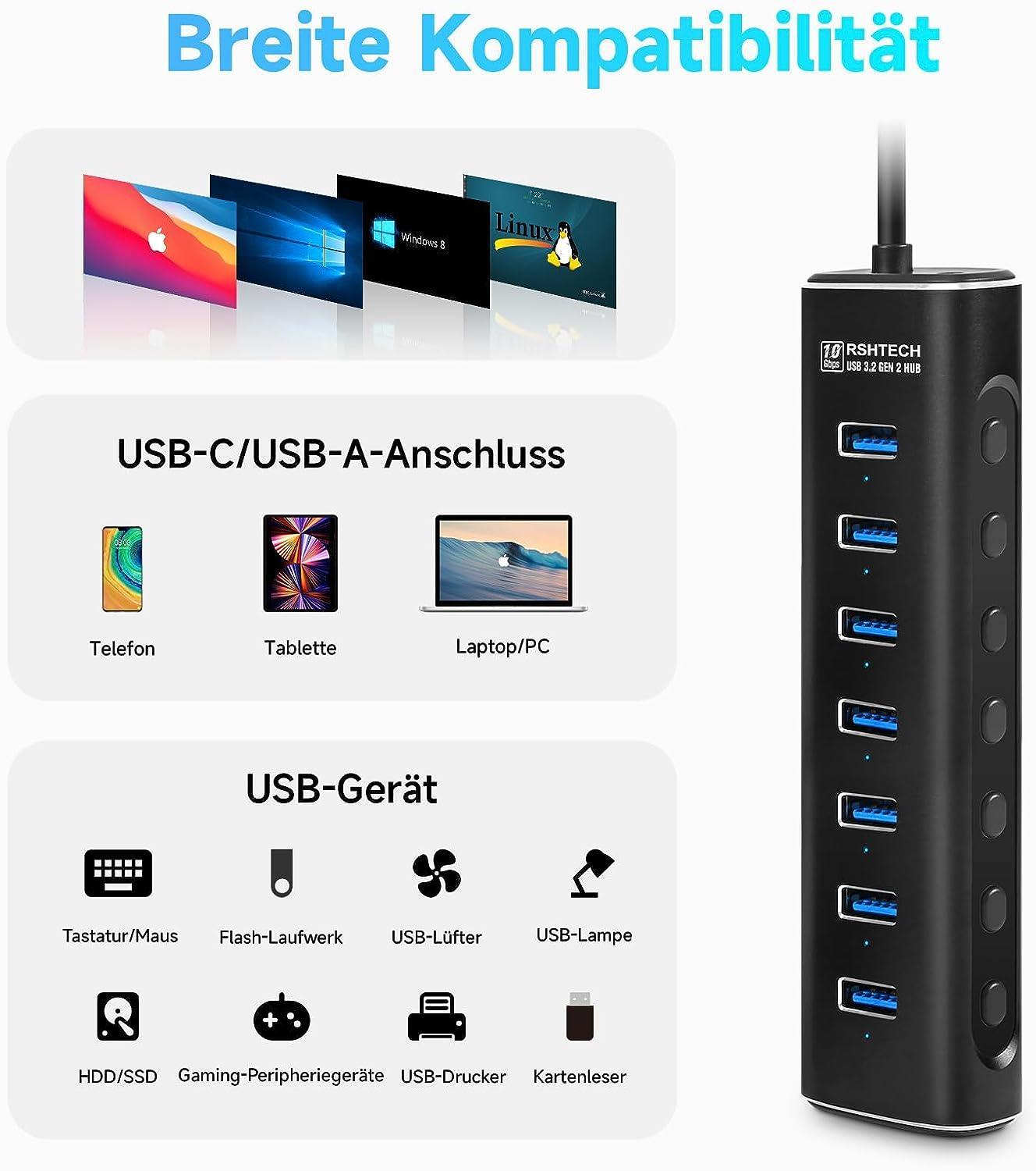 NÖRDIC GEN 3.2 USB-C och USB-A powered Hub 7ports 7x10Gbps 1m kabel individuell switch