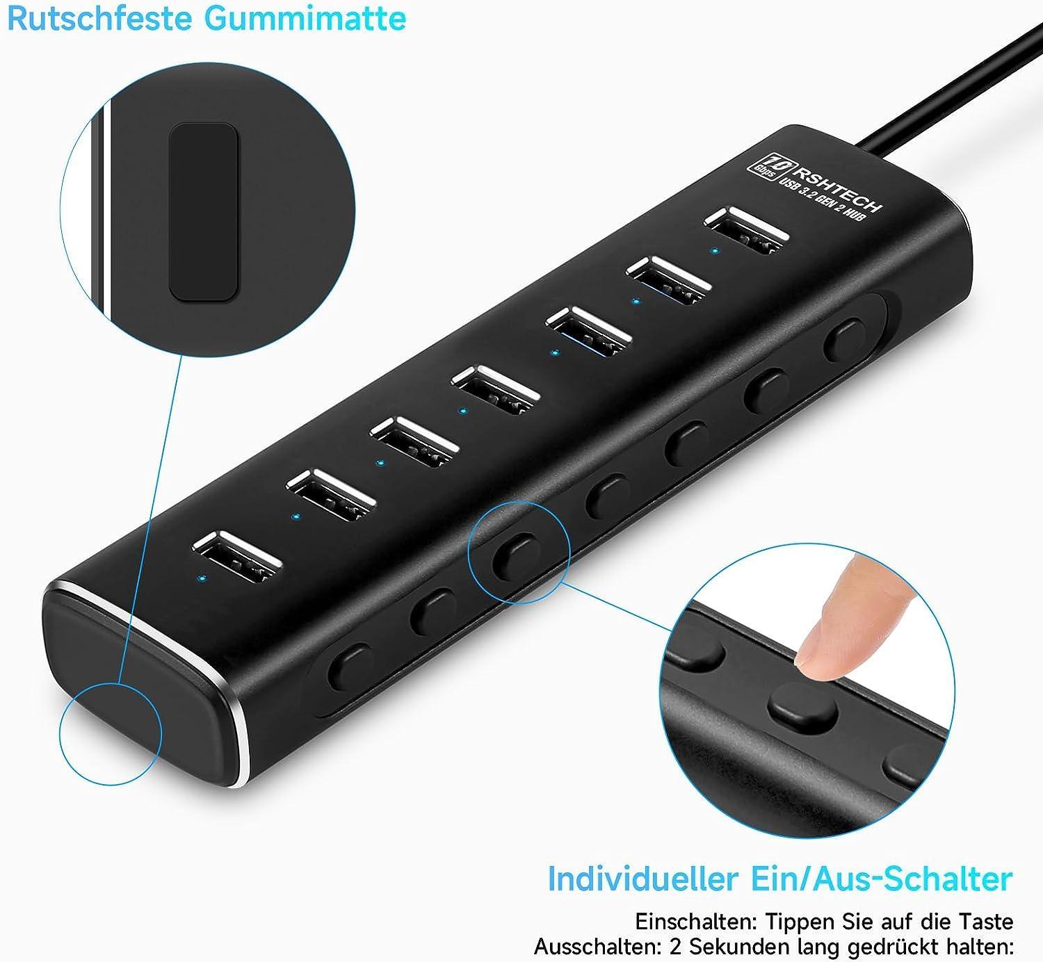 NÖRDIC GEN 3.2 USB-C och USB-A powered Hub 7ports 7x10Gbps 1m kabel individuell switch