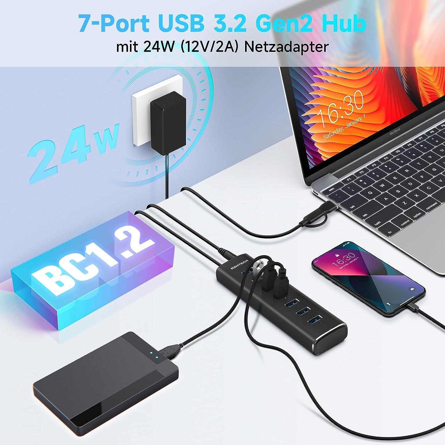NÖRDIC GEN 3.2 USB-C och USB-A powered Hub 7ports 7x10Gbps 1m kabel individuell switch