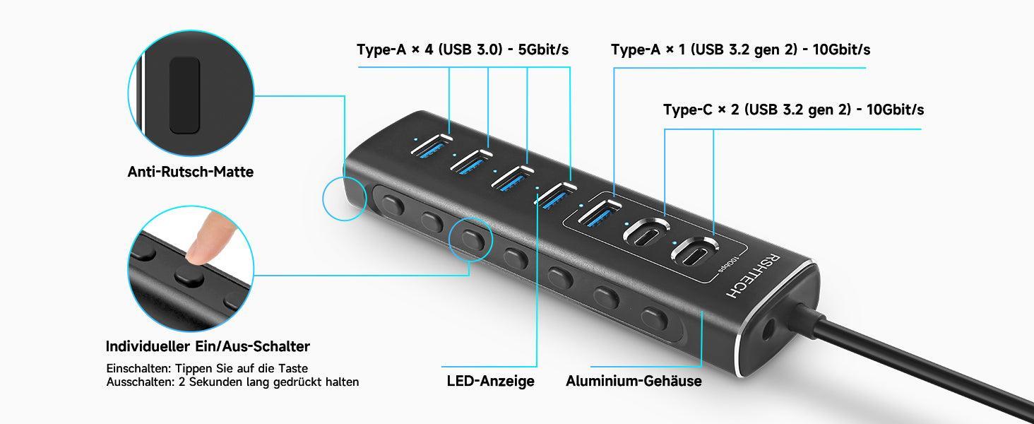 NÖRDIC GEN 3.2 USB-C och USB-A powered Hubb 7ports 3x10Gbps 4x5Gbps 1m kabel individuell switch