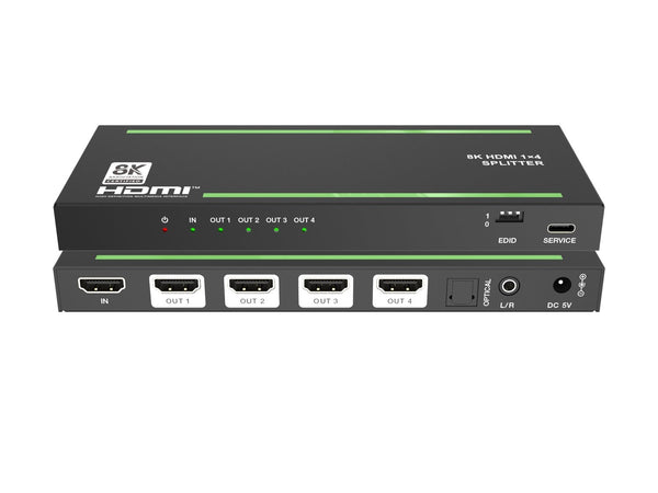 NÖRDIC HDMI 1 to 4 Splitter 8K0Hz 4K120Hz with extractor Optical SPDIG and stereo HDCP 2.3 HDR10+ EDID Dolby ATMOS