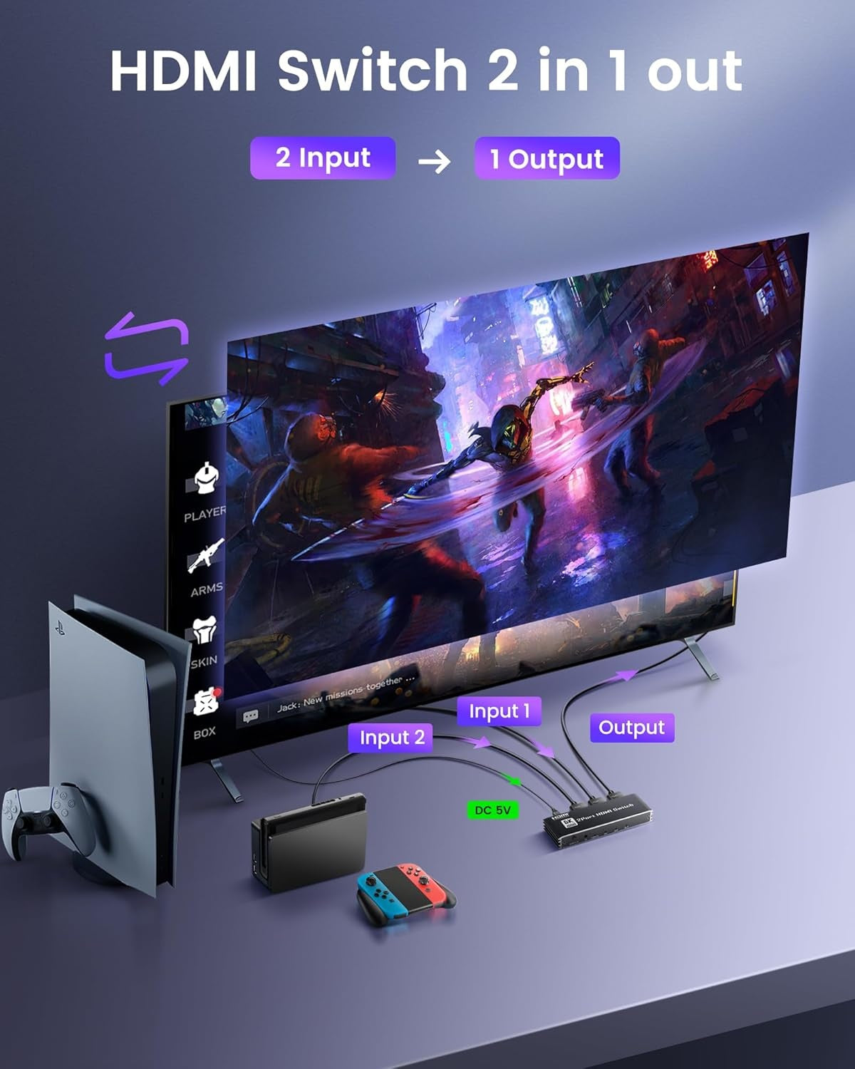 NÖRDIC HDMI 2.1 Switch 2 till 1 8K60Hz 4K@120Hz med fjärrkontroll, Aluminum