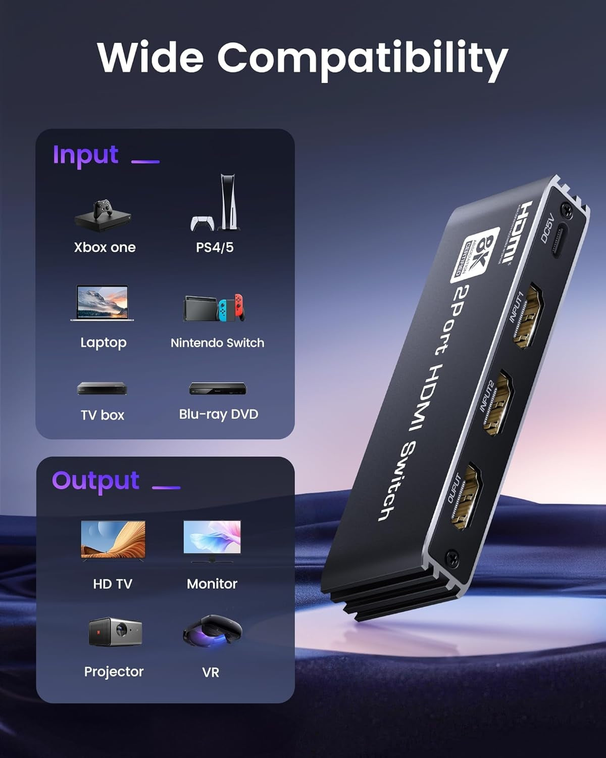 NÖRDIC HDMI 2.1 Switch 2 till 1 8K60Hz 4K@120Hz med fjärrkontroll, Aluminum
