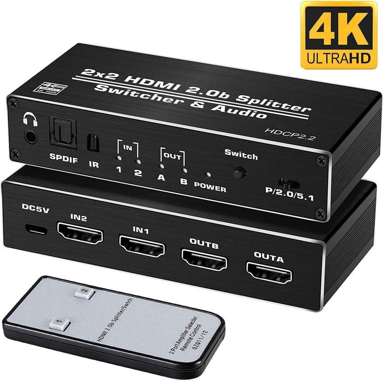NÖRDIC HDMI 4K 60Hz Switch-Splitter 2x2 Audio SPDIF/Stereo med fjärrkontroll