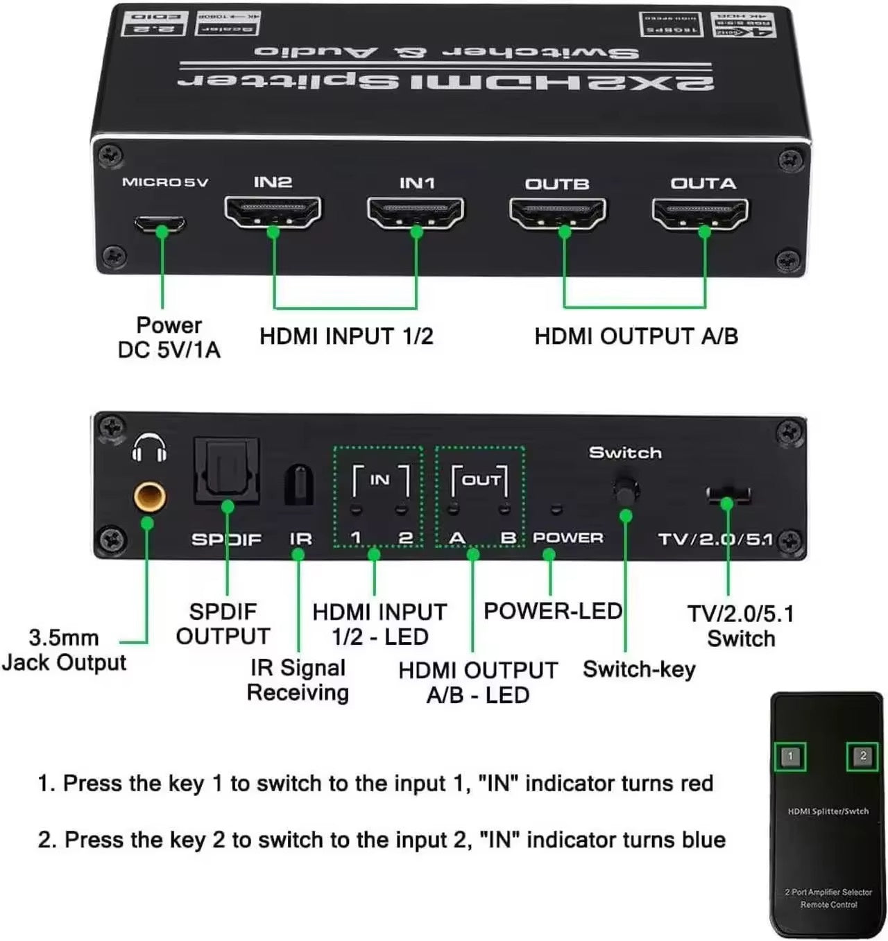 NÖRDIC HDMI 4K 60Hz Switch-Splitter 2x2 Audio SPDIF/Stereo med fjärrkontroll