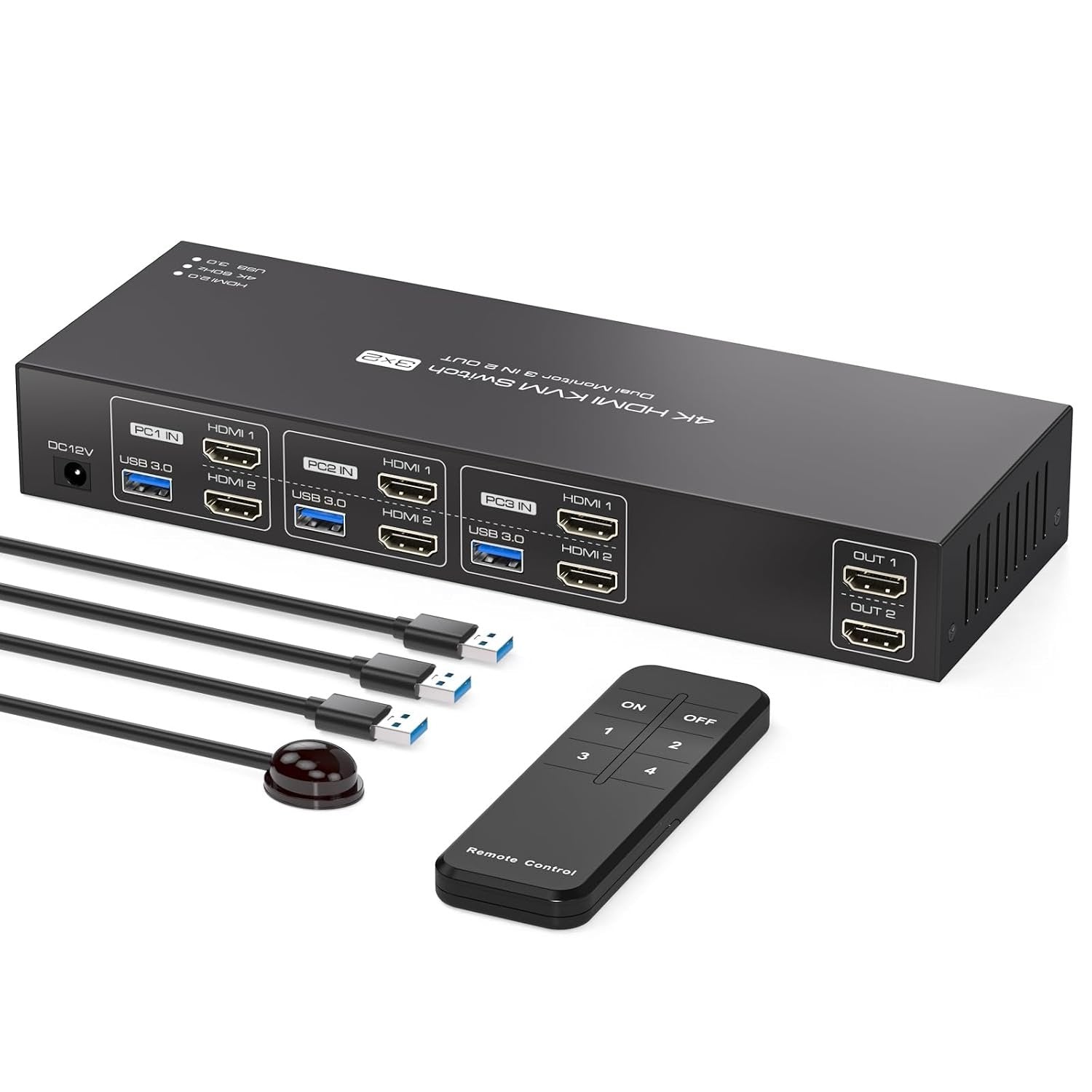 NÖRDIC HDMI KVM-switch 3 datorer 2 skärmar 4K60Hz EDID 4 USB 3.0-portar med fjärrkontroll