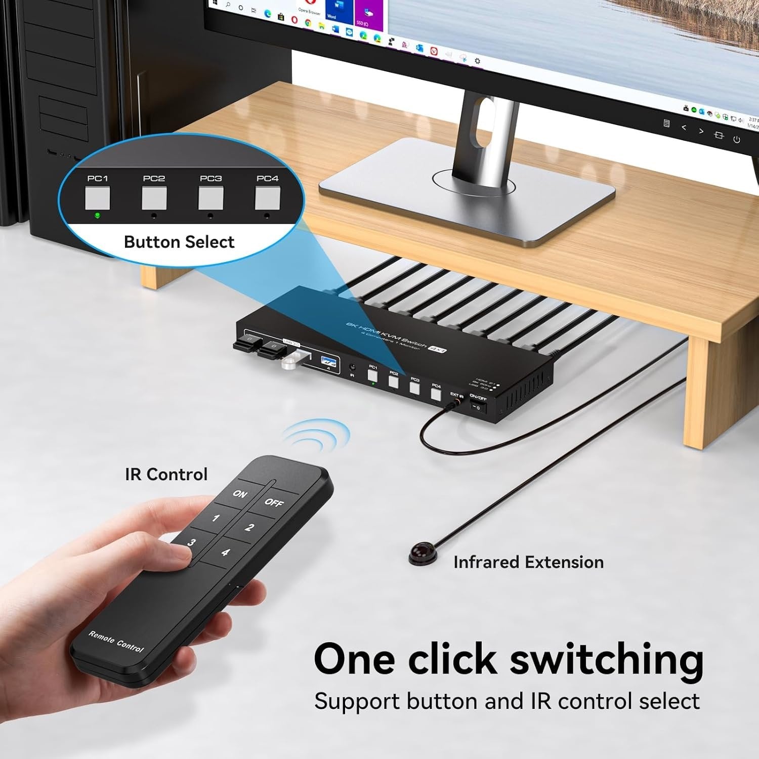 NÖRDIC HDMI KVM-switch 4 datorer 1 skärm 8K 60Hz 4K 144/120Hz 4xUSB-enheter