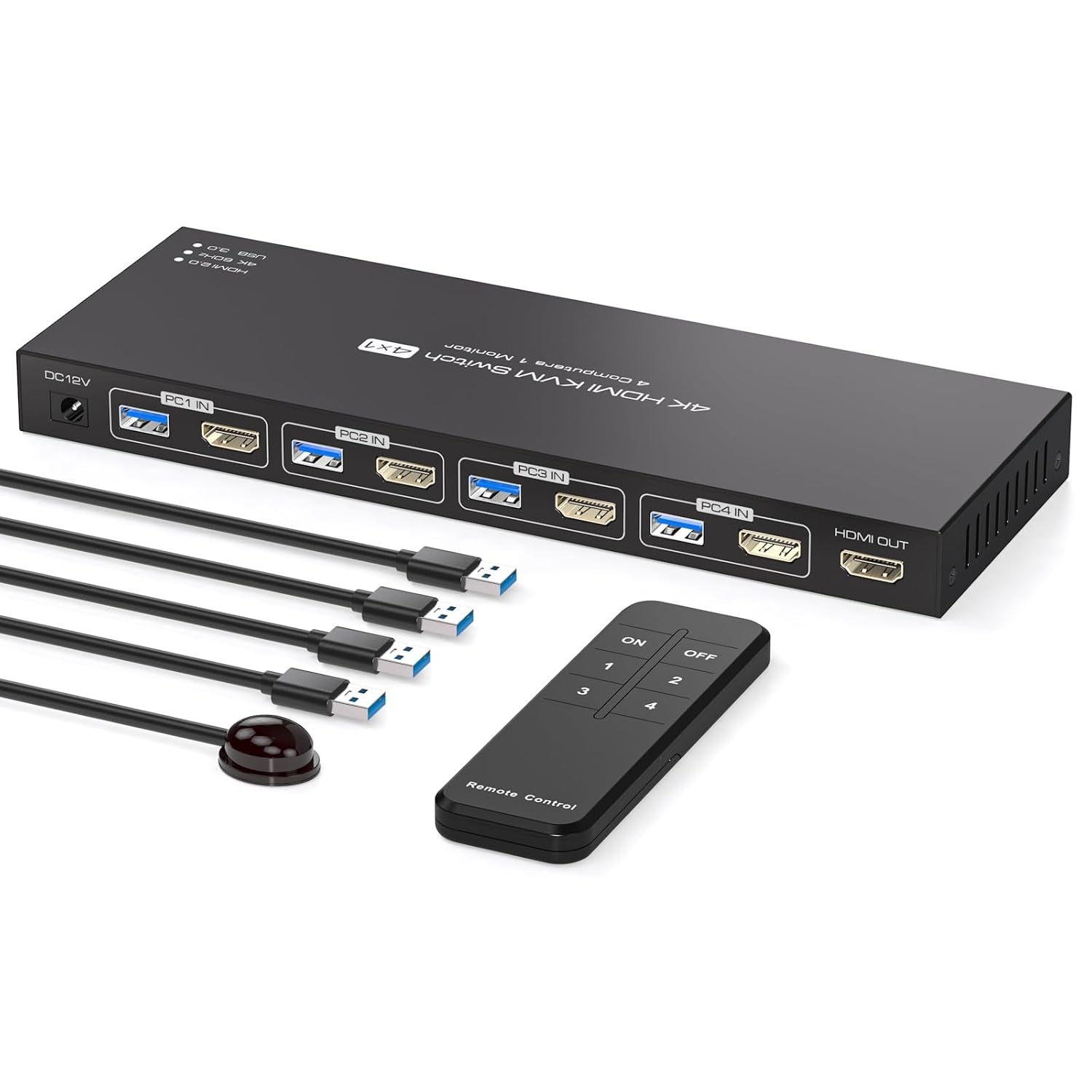 NÖRDIC HDMI KVM Switch 4 Computers EDID 4K60Hz  4xUSB3.0 4 PC Sharing 1 Monitor and 4 USB 3.0 Devices with Controller