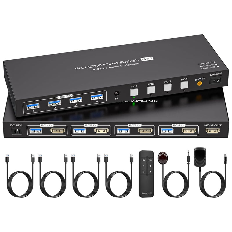 NÖRDIC HDMI KVM-switch 4 datorer 1 skärm 4K 60Hz 1080p 120Hz 4xUSB-enheter