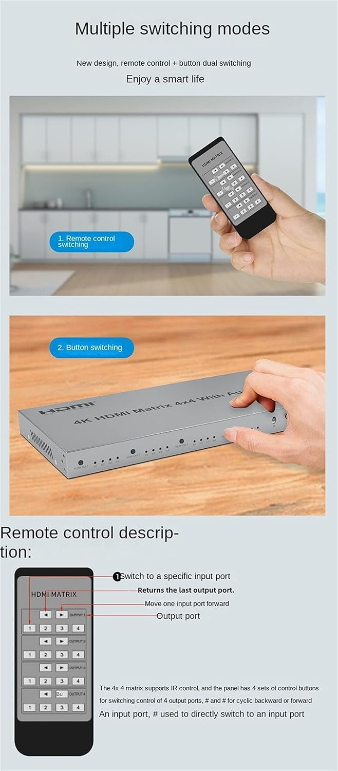 NÖRDIC HDMI Matrix 4x4 switch 4K 60Hz med ljudöverföring