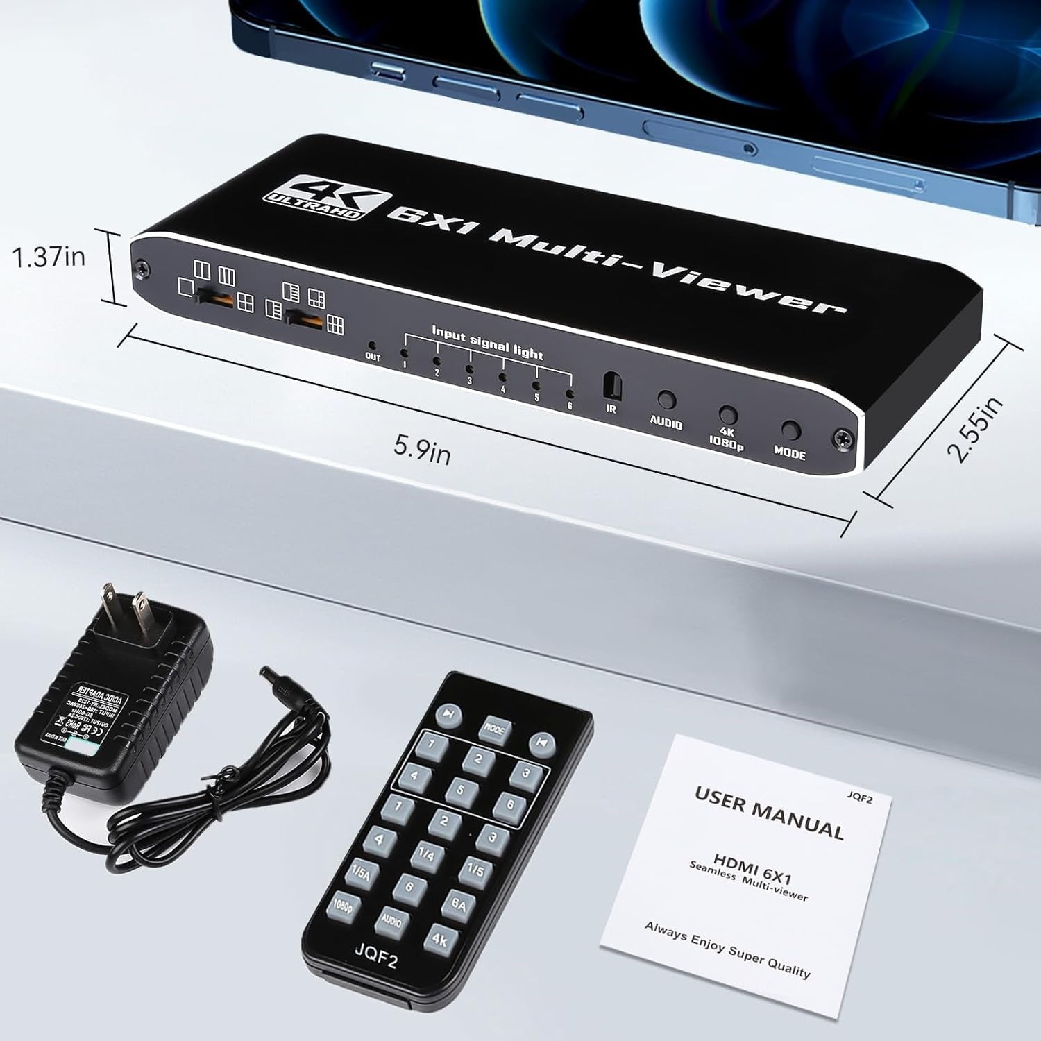 NÖRDIC HDMI Multi-Viewer 6 in 1 Out Sömlös Switcher 1080P HDMI HUB-switch för flera ingångar, splitter för flera skärmar