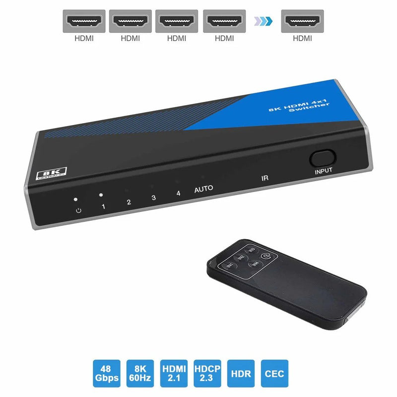 NÖRDIC HDMI 2.1 Switch 4 till 1 8K60Hz 4K120Hz CEC HDR Dolby Atmos, True HD, Digital Plus, DTS-HD Master