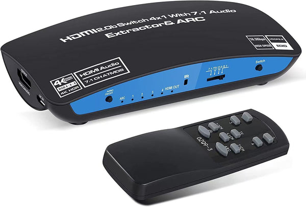 NÖRDIC HDMI Switch 4 till 1 med 7.1 audio extractor ARC SPDIF stereo 3.5mm audio 4K60hz EDID HDCP2.2 3D HDR10 18Gbps