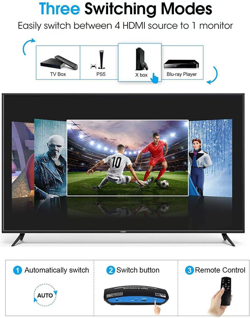 NÖRDIC HDMI Switch 4 till 1 med 7.1 audio extractor ARC SPDIF stereo 3.5mm audio 4K60hz EDID HDCP2.2 3D HDR10 18Gbps