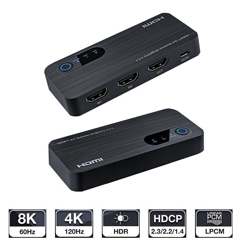 NÖRDIC HDMI 2.1 switch 2 till 1 8K60Hz 4K120Hz 48Gbps HDR HDCP2.3 Surround 7.1 CEC