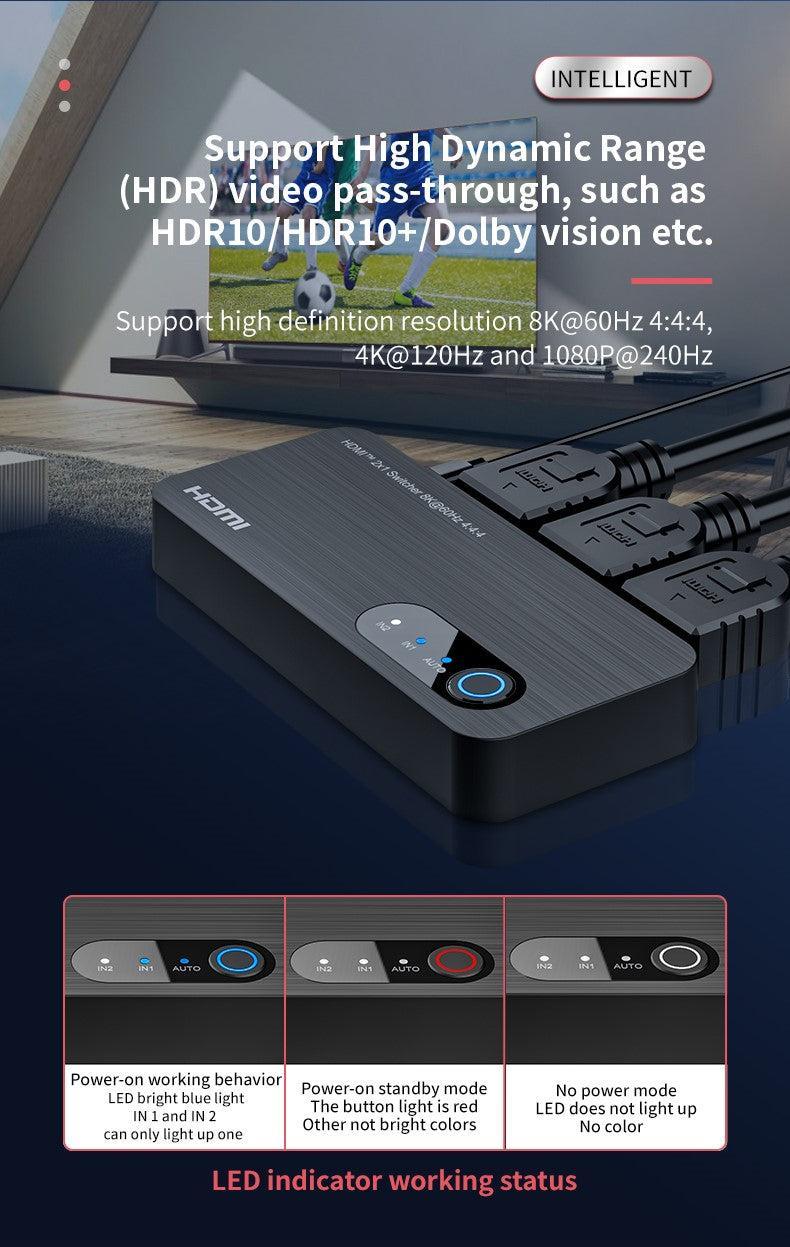 NÖRDIC HDMI 2.1 switch 2 till 1 8K60Hz 4K120Hz 48Gbps HDR HDCP2.3 Surround 7.1 CEC