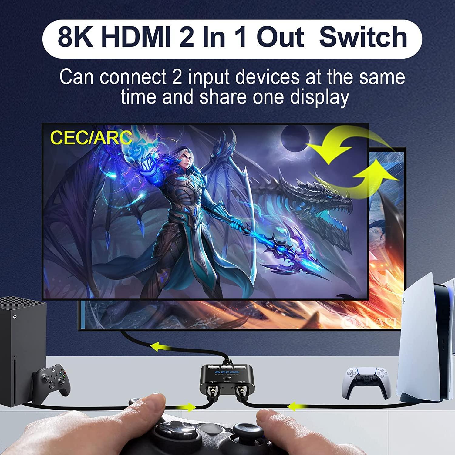 NÖRDIC HDMI 2.1 switch 2 till 1 8K60Hz 4K120Hz 48Gbps HDR HDCP2.3 Surround 7.1 CEC