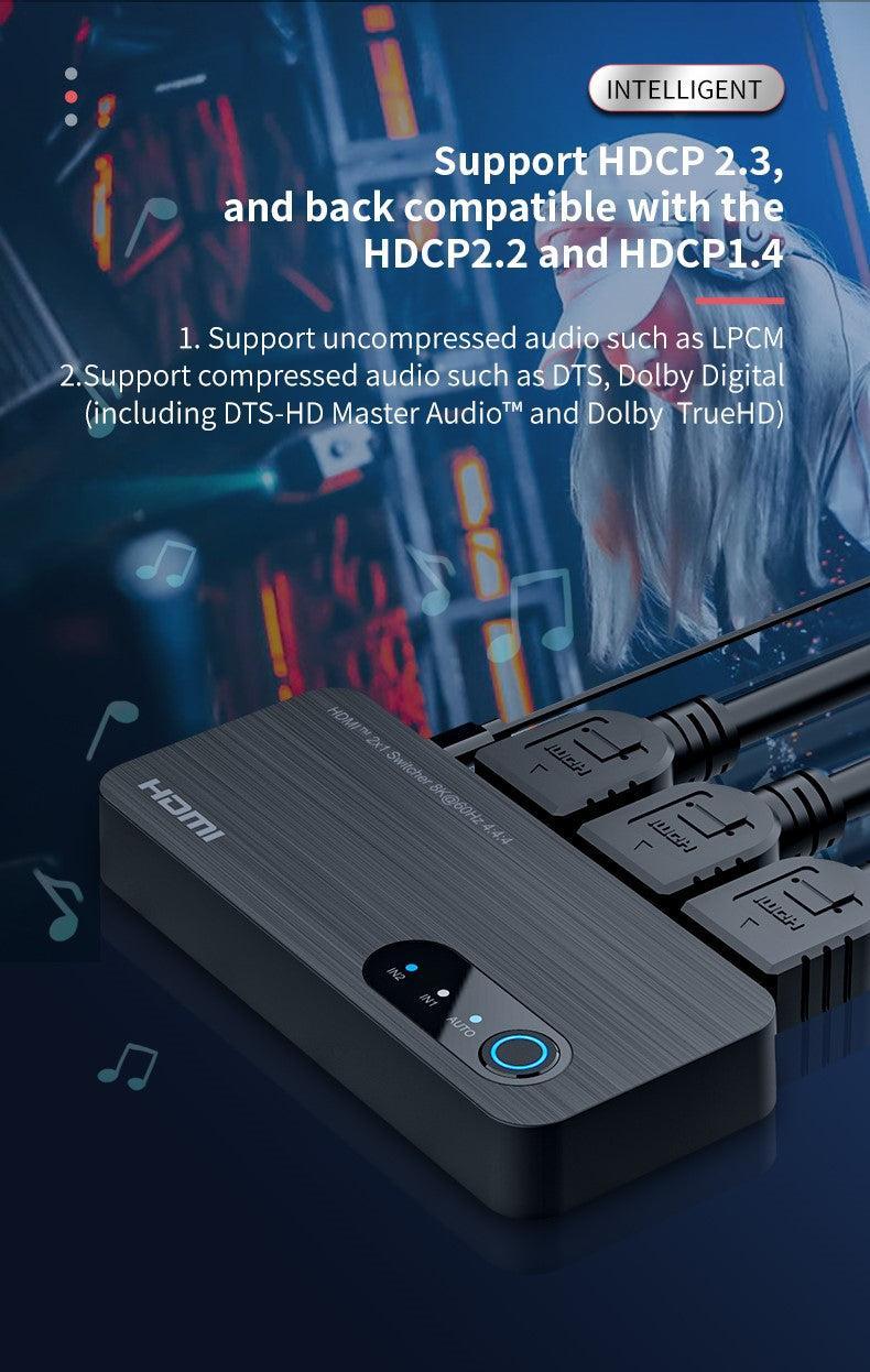 NÖRDIC HDMI 2.1 switch 2 till 1 8K60Hz 4K120Hz 48Gbps HDR HDCP2.3 Surround 7.1 CEC