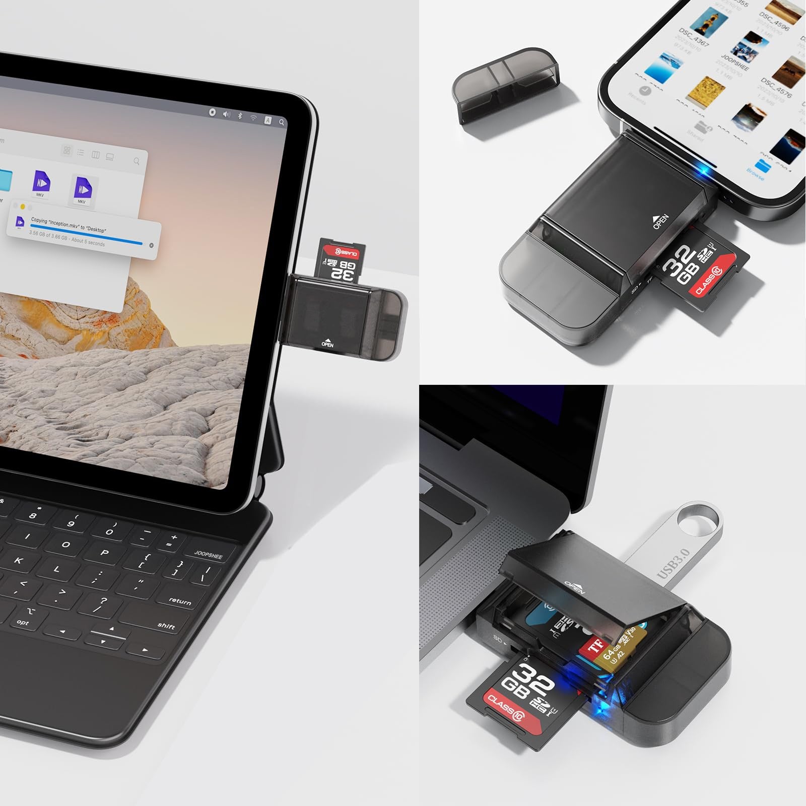 NÖRDIC USB-A, USB-C Kortläsare 2 Slot SD, Micro SD och USB-A 3.0 OTG UHS-I med kortförvaring