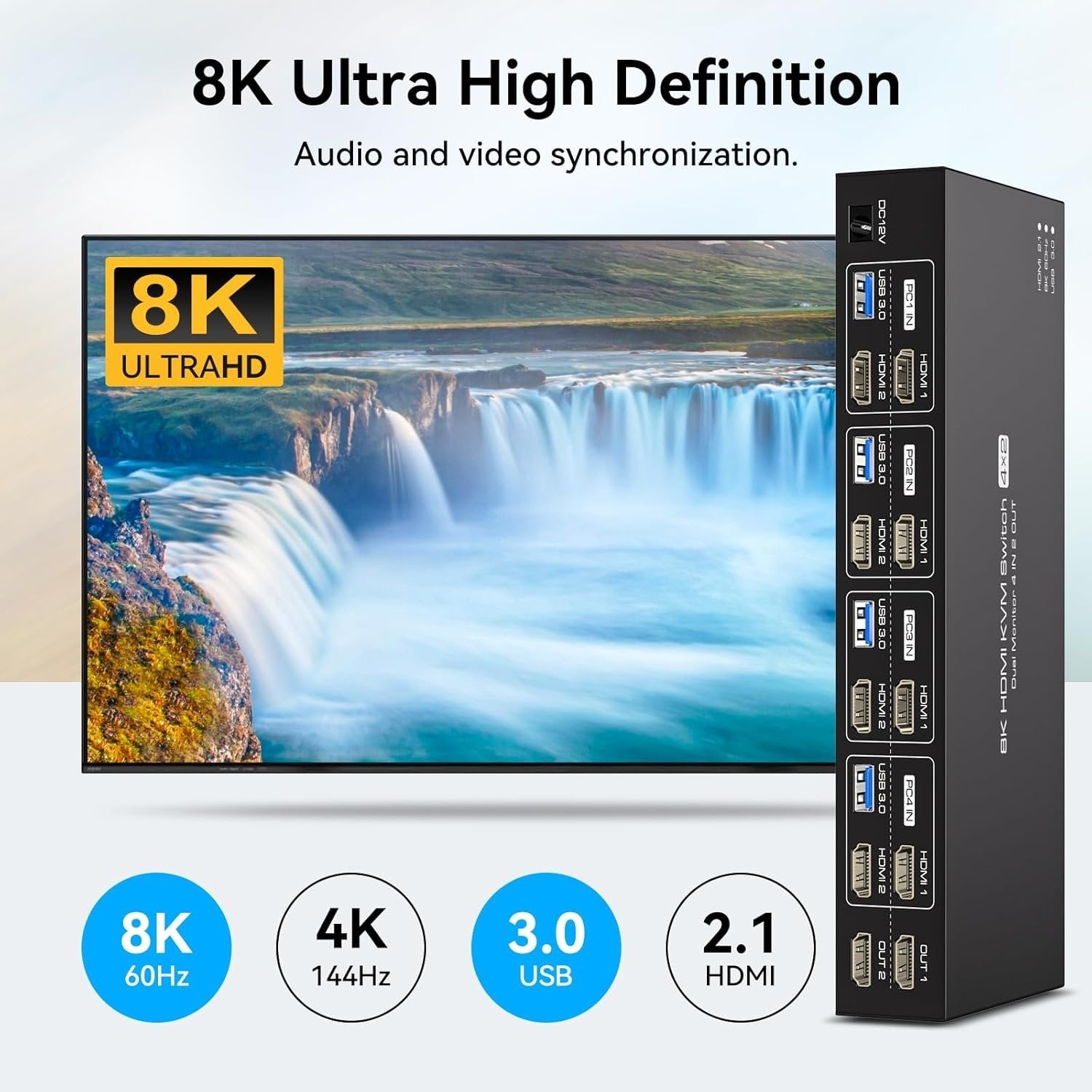 NÖRDIC KVM 4x2 HDMI 2.1 Switch 4PC till Dual Monitor HDMI 8K60Hz med 1x3.5mm och 4xUSB-A