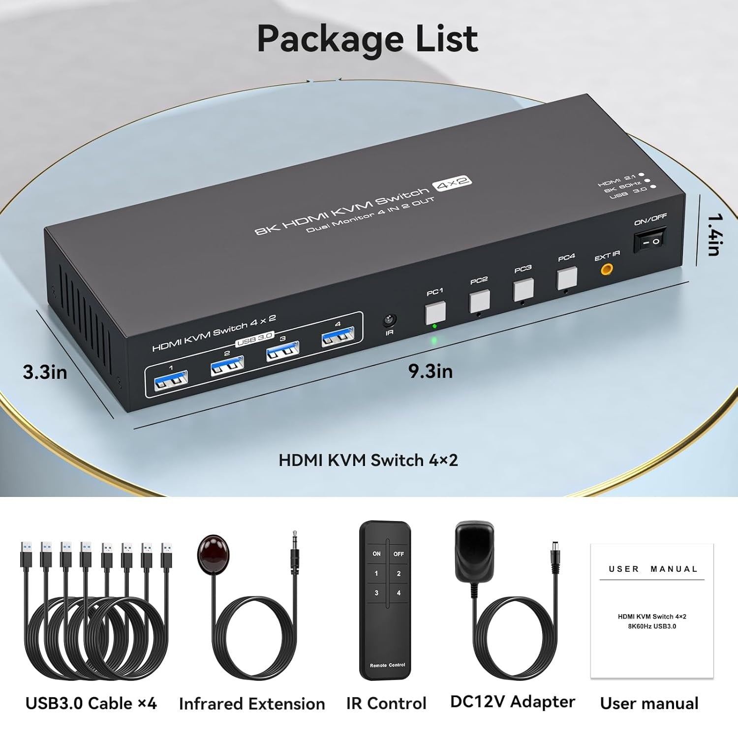 NÖRDIC KVM 4x2 HDMI 2.1 Switch 4PC till Dual Monitor HDMI 8K60Hz med 1x3.5mm och 4xUSB-A