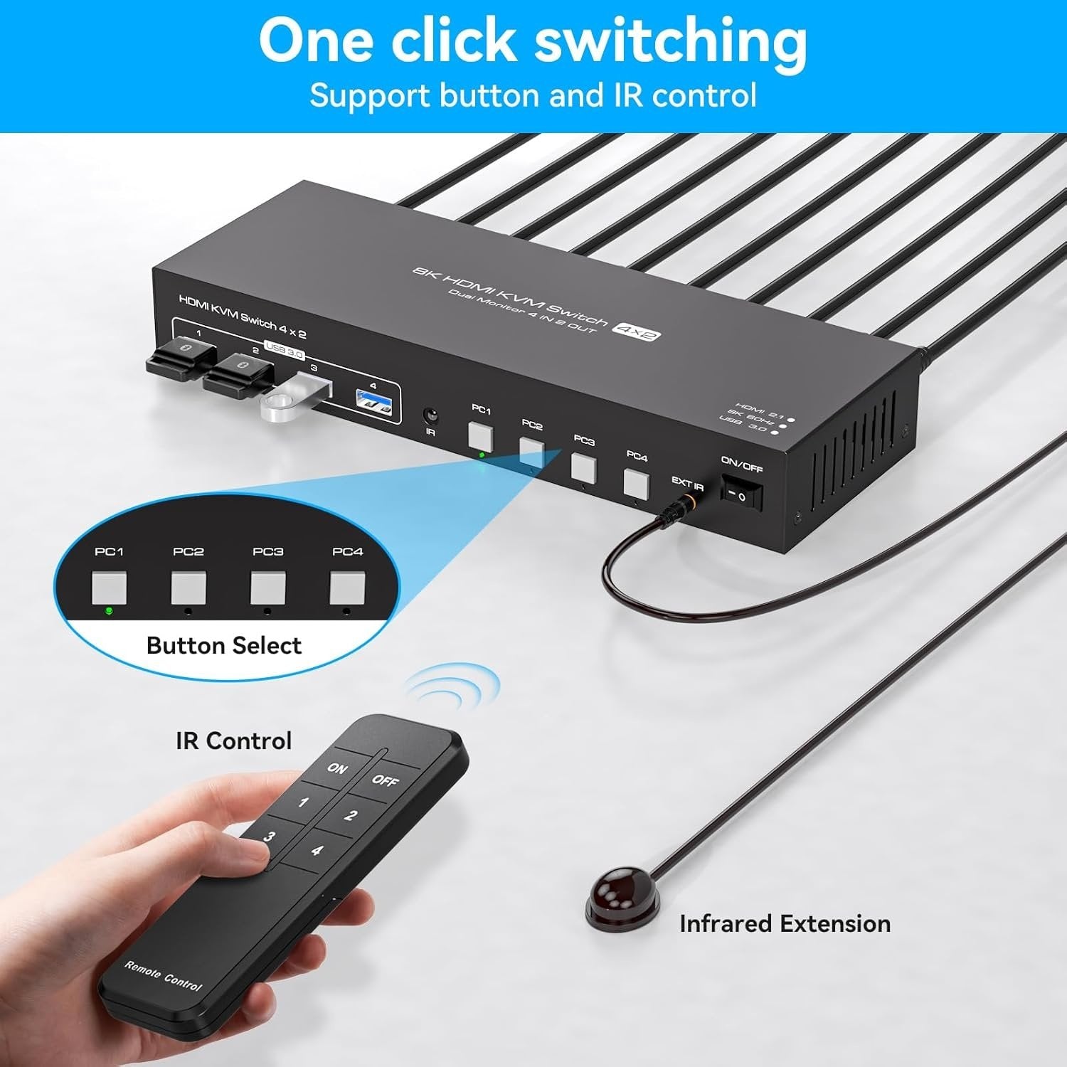 NÖRDIC KVM 4x2 HDMI 2.1 Switch 4PC till Dual Monitor HDMI 8K60Hz med 1x3.5mm och 4xUSB-A