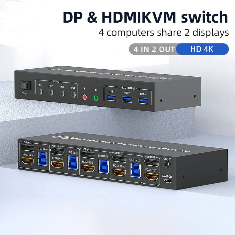 NÖRDIC KVM 4x2 Switch 4PC till Dual Monitor HDMI & DP 4K60Hz med 2x3.5mm och 3xUSB-A