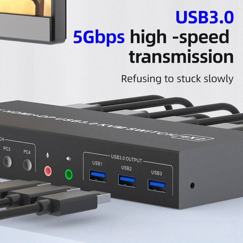 NÖRDIC KVM 4x2 Switch 4PC till Dual Monitor HDMI & DP 4K60Hz med 2x3.5mm och 3xUSB-A