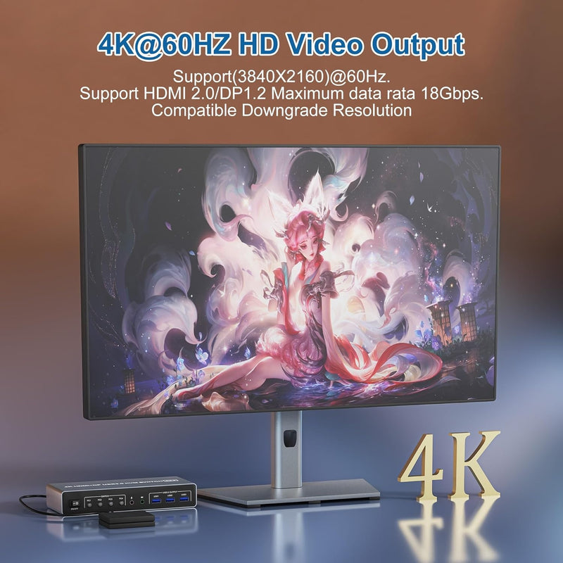 NÖRDIC KVM 4x2 Switch 4PC till Dual Monitor HDMI & DP 4K60Hz med 2x3.5mm och 3xUSB-A