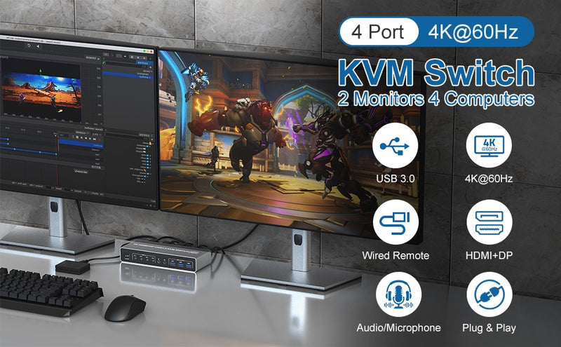 NÖRDIC KVM 4x2 Switch 4PC till Dual Monitor HDMI & DP 4K60Hz med 2x3.5mm och 3xUSB-A