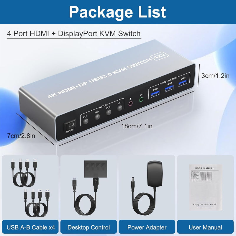 NÖRDIC KVM 4x2 Switch 4PC till Dual Monitor HDMI & DP 4K60Hz med 2x3.5mm och 3xUSB-A