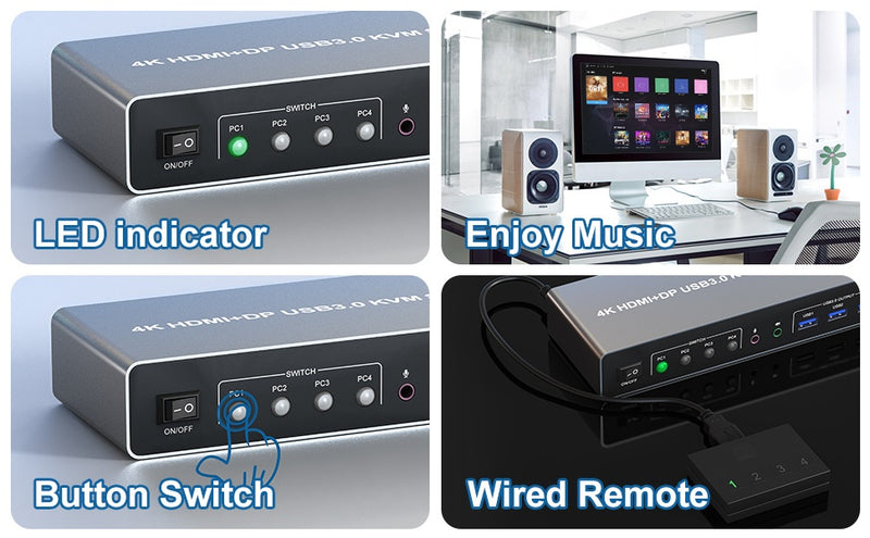 NÖRDIC KVM 4x2 Switch 4PC till Dual Monitor HDMI & DP 4K60Hz med 2x3.5mm och 3xUSB-A