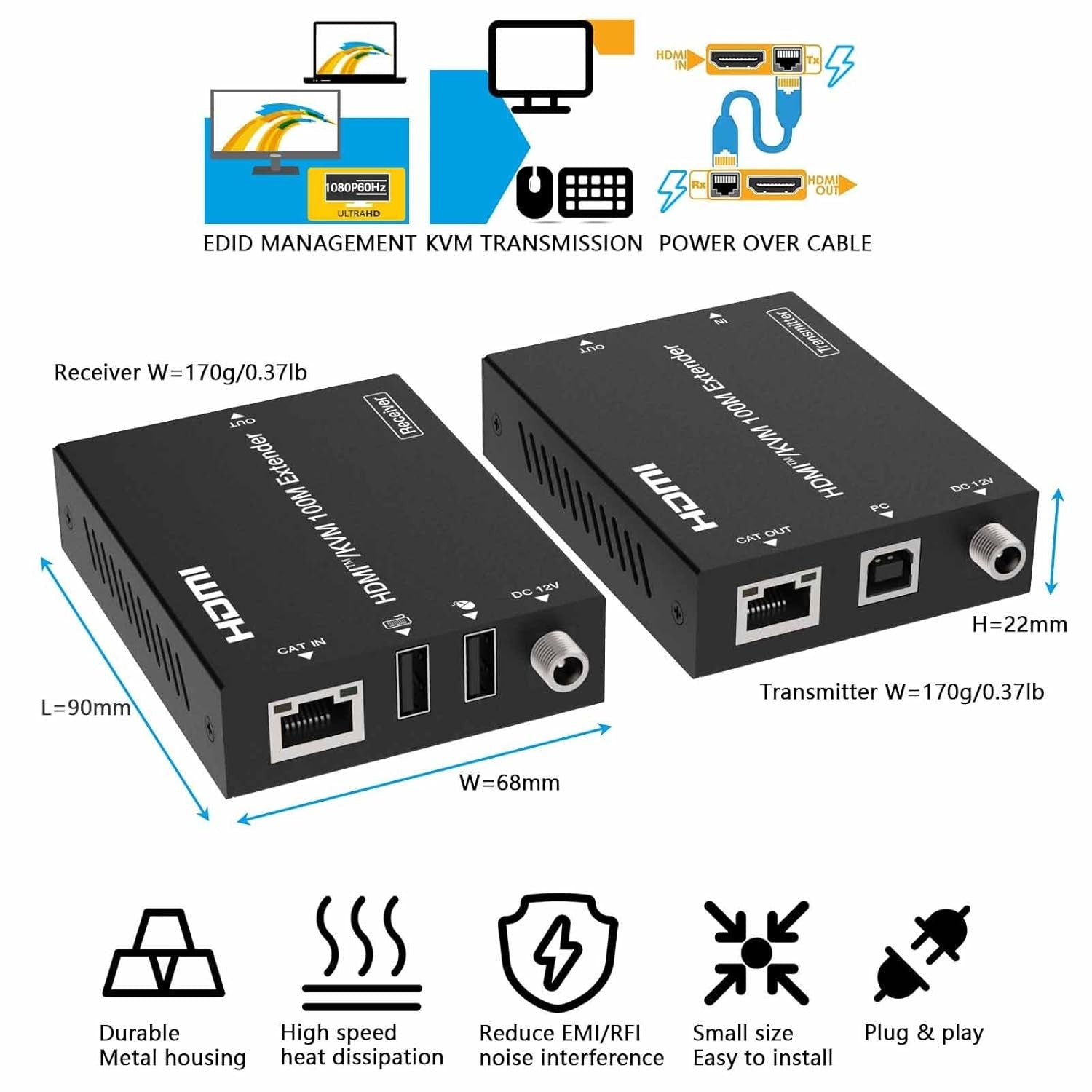 NÖRDIC KVM-Förlängare HDMI 1080p60Hz 100m CAT6